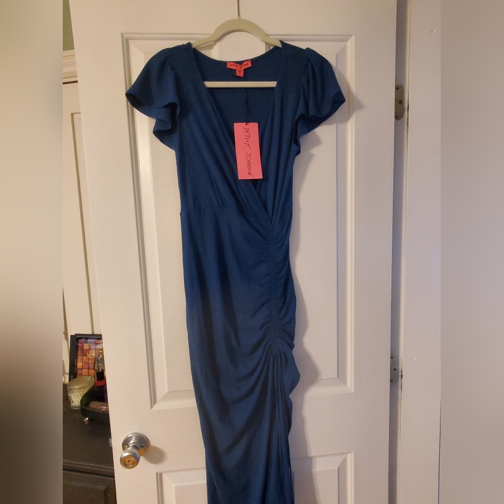 Betsey Johnson Mini Rib Flutter Sleeve Midi with Ruched Slit
